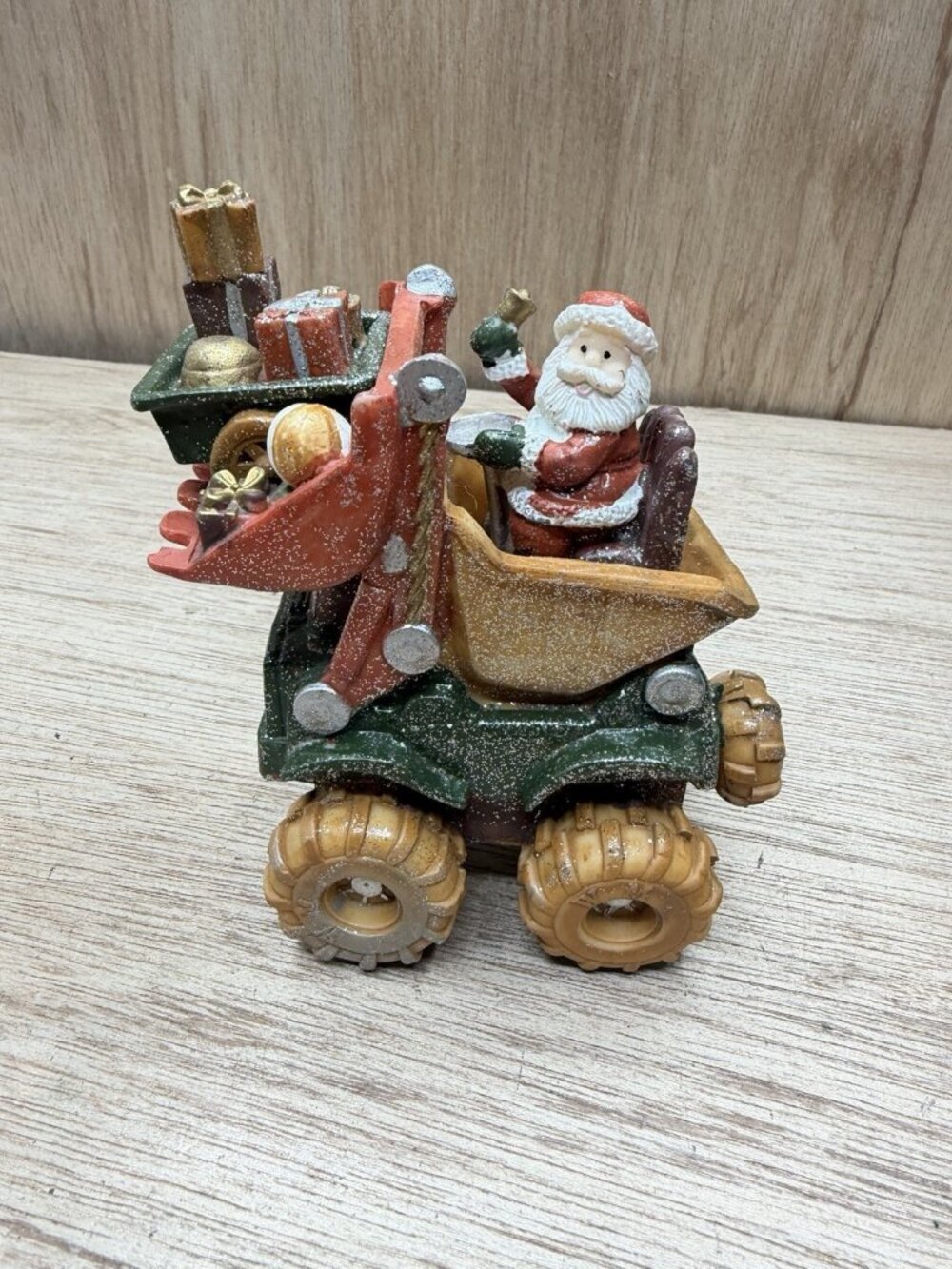 Vintage Santa Glitter Dump Truck Tractor Cat Shovel Christmas Figurine